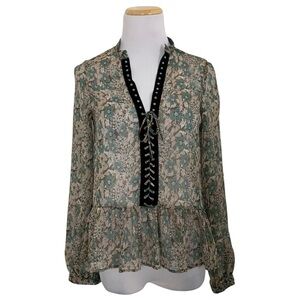 Zara Floral Lace Up Front Chiffon Blouse Womens S Sheer Ruffle Hem Fairy Boho